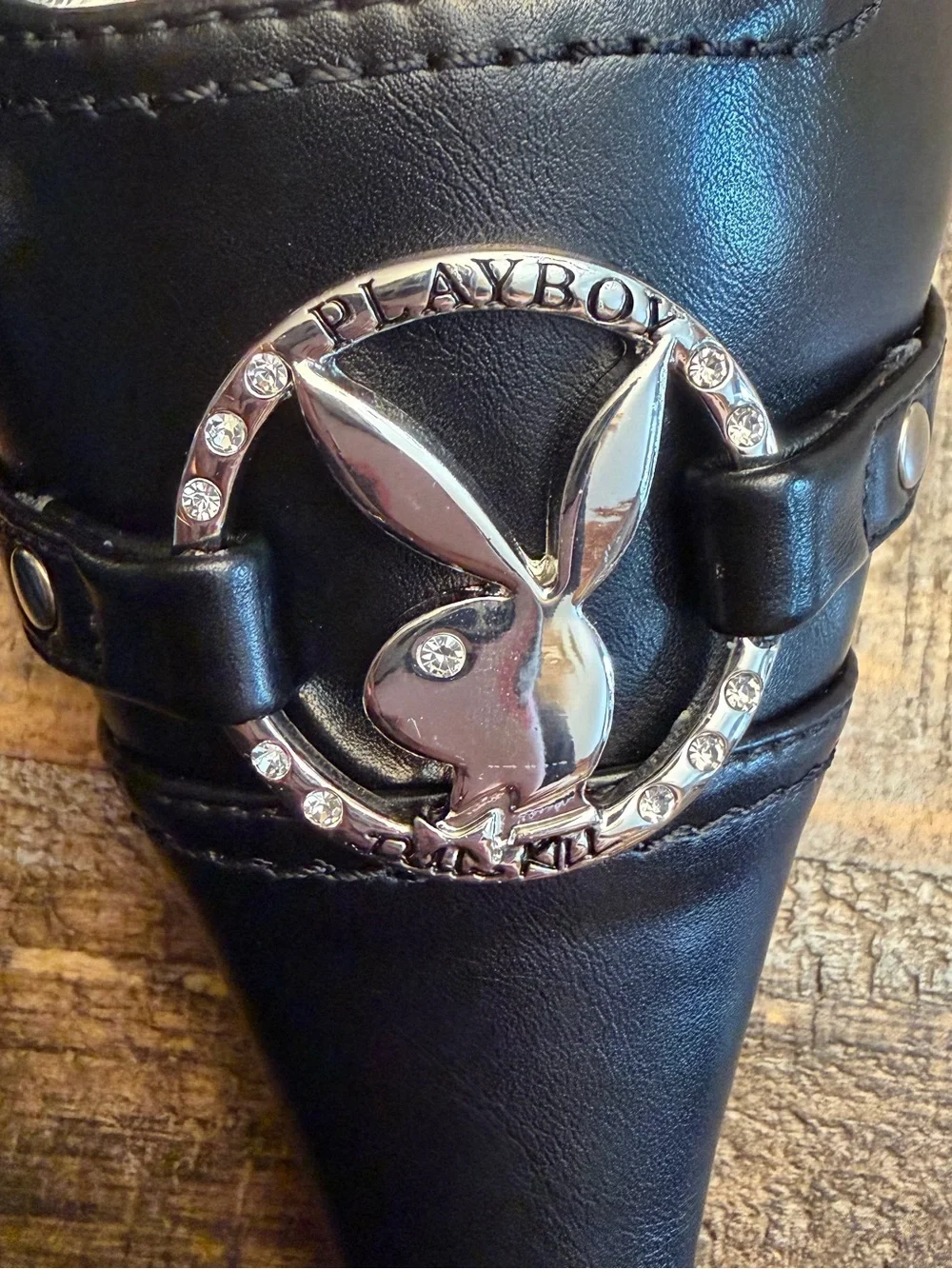 Dolls Kill Black Pointed Slingback Heels with Silver Playboy Emblem